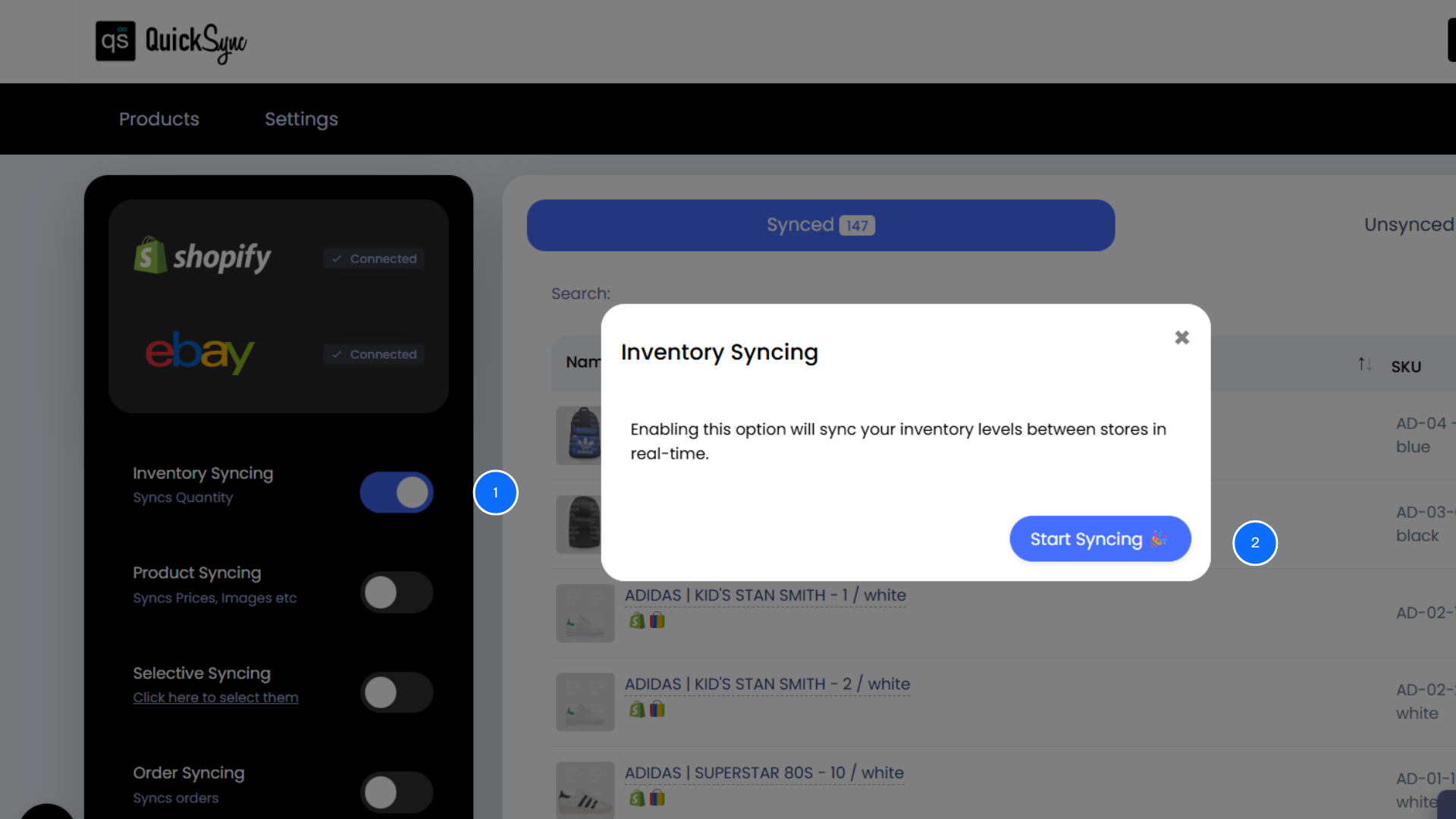 Shopify eBay inventory syncing with QuickSync app