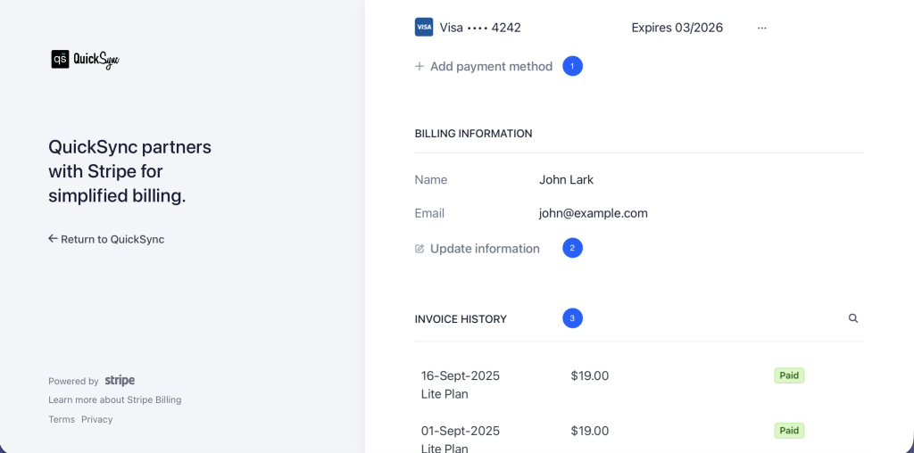 QuickSync billing methods