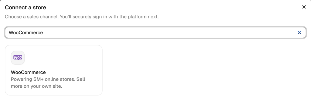 The Connect a store window in QuickSync, with WooCommerce typed into Search sales channels and the WooCommerce tile below it.