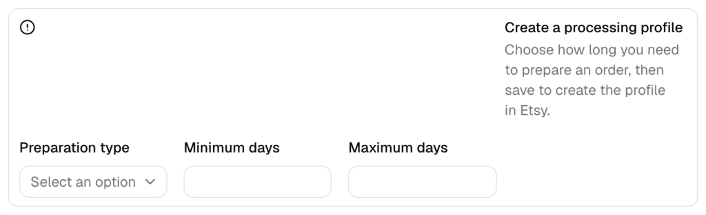 The Create a processing profile form in the Review settings of an Etsy store in QuickSync, with empty Preparation type, Minimum days and Maximum days fields.