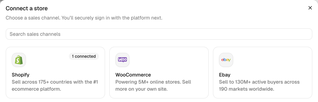 The Connect a store dialog in QuickSync: a Search sales channels box above tiles for Shopify, marked 1 connected, WooCommerce and Ebay.