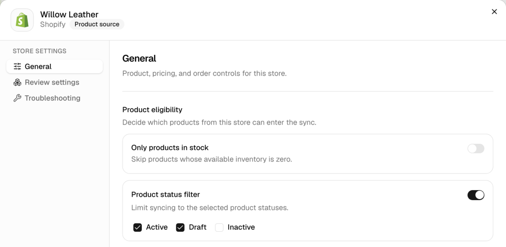 The settings for a Shopify store in QuickSync, on the General tab: Only products in stock is off, and Product status filter is on with Active and Draft ticked and Inactive unticked. Review settings and Troubleshooting tabs sit on the left.