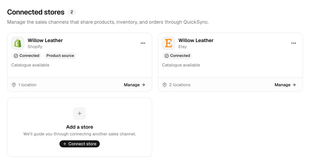 The Stores tab in QuickSync Settings: a Willow Leather store on Shopify marked Connected and Product source with 1 location, an Etsy store marked Connected with 2 locations, and an Add a store card with a Connect store button.