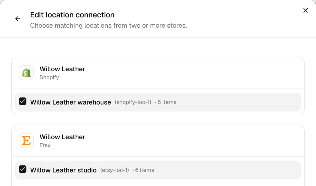 The Edit location connection window in QuickSync. Willow Leather warehouse is ticked under the Shopify store and Willow Leather studio under the Etsy store, with 6 items each.