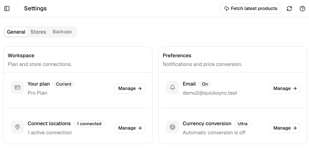 The General tab of QuickSync Settings. Your plan shows Pro Plan, and under Preferences, Currency conversion carries an Ultra badge, reads Automatic conversion is off, and has a Manage button.