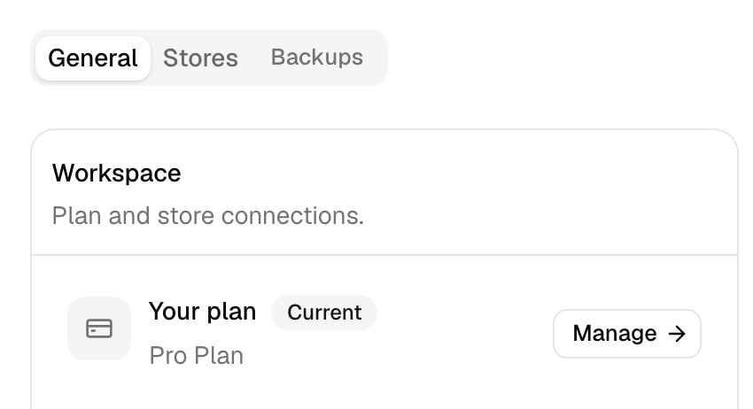 QuickSync Settings with the General tab open: the Your plan row with a Manage button. This account is on Pro Plan; during a trial the row reads Free Plan.