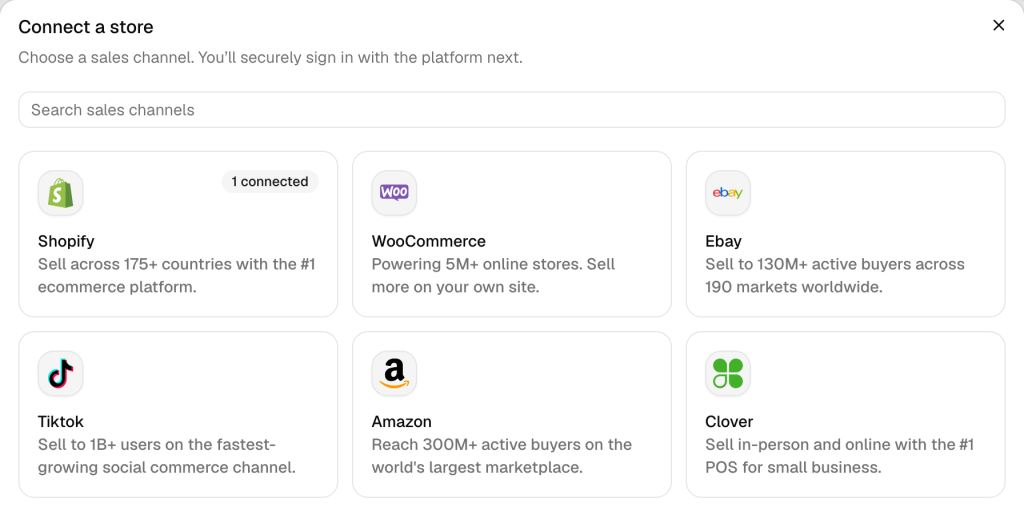 The Connect a store dialog in QuickSync, with tiles for Shopify, WooCommerce, Ebay, Tiktok, Amazon and Clover. The Shopify tile shows 1 connected.
