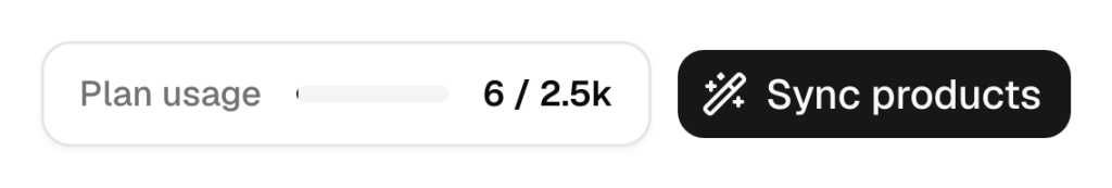 The Plan usage bar at the top of the QuickSync Products page, reading 6 / 2.5k, next to the Sync products button.