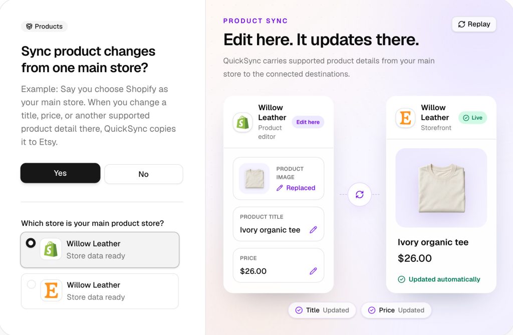 The product step: Yes to syncing product changes from one main store, with the Shopify store picked as the main product store.