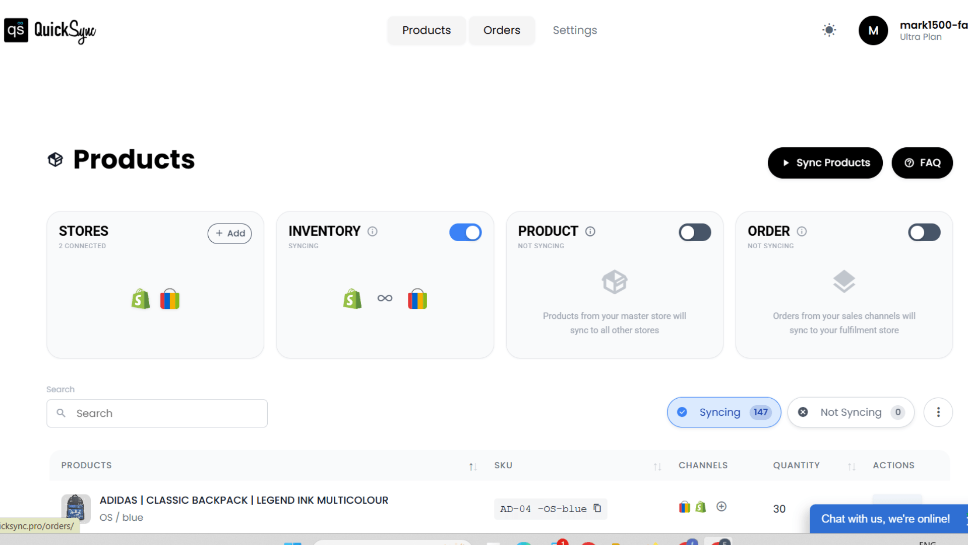 QuickSync products dashboard with stores connected and inventory syncing on