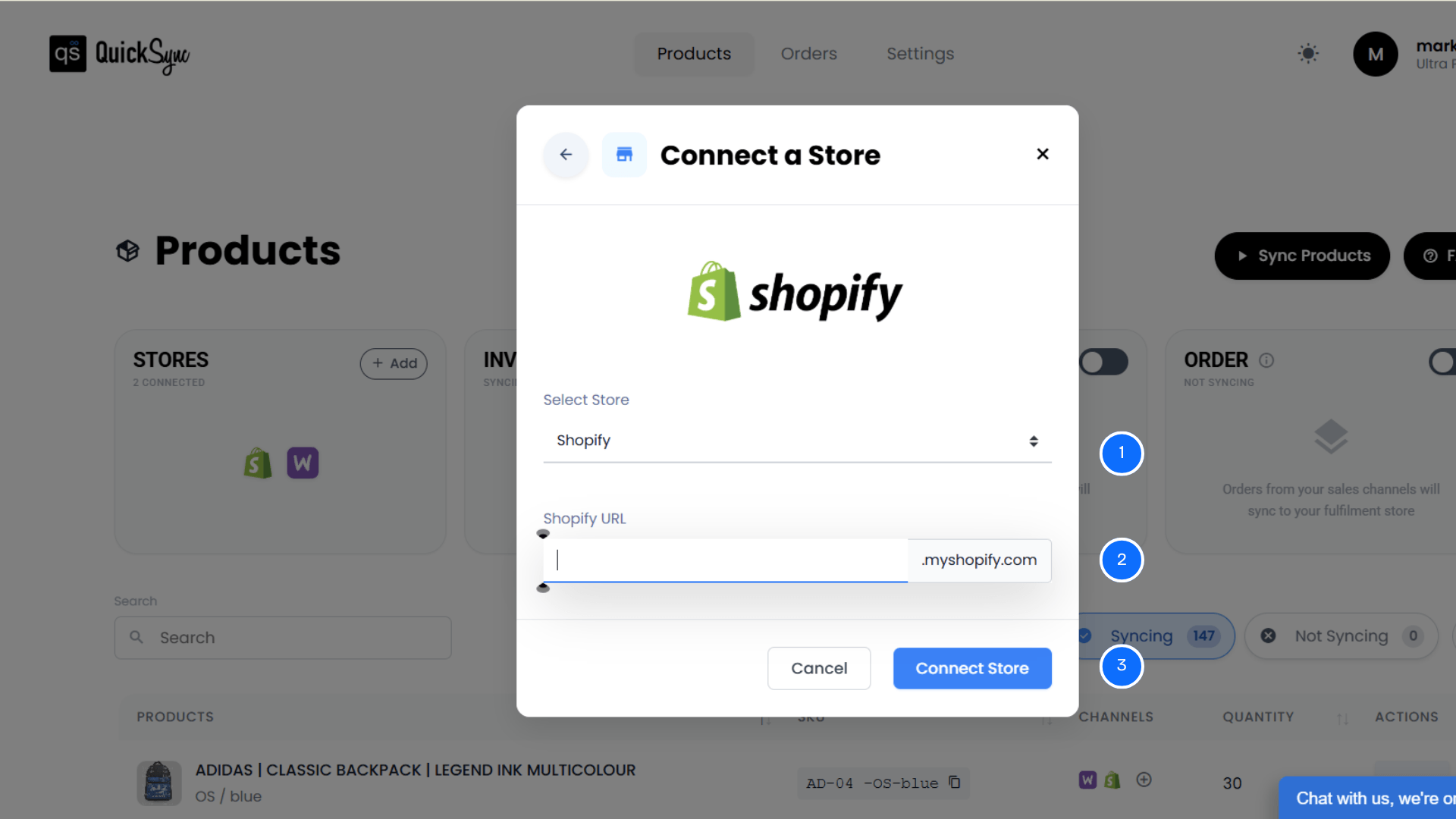 QuickSync connect a store dialog with Shopify selected and a store URL field