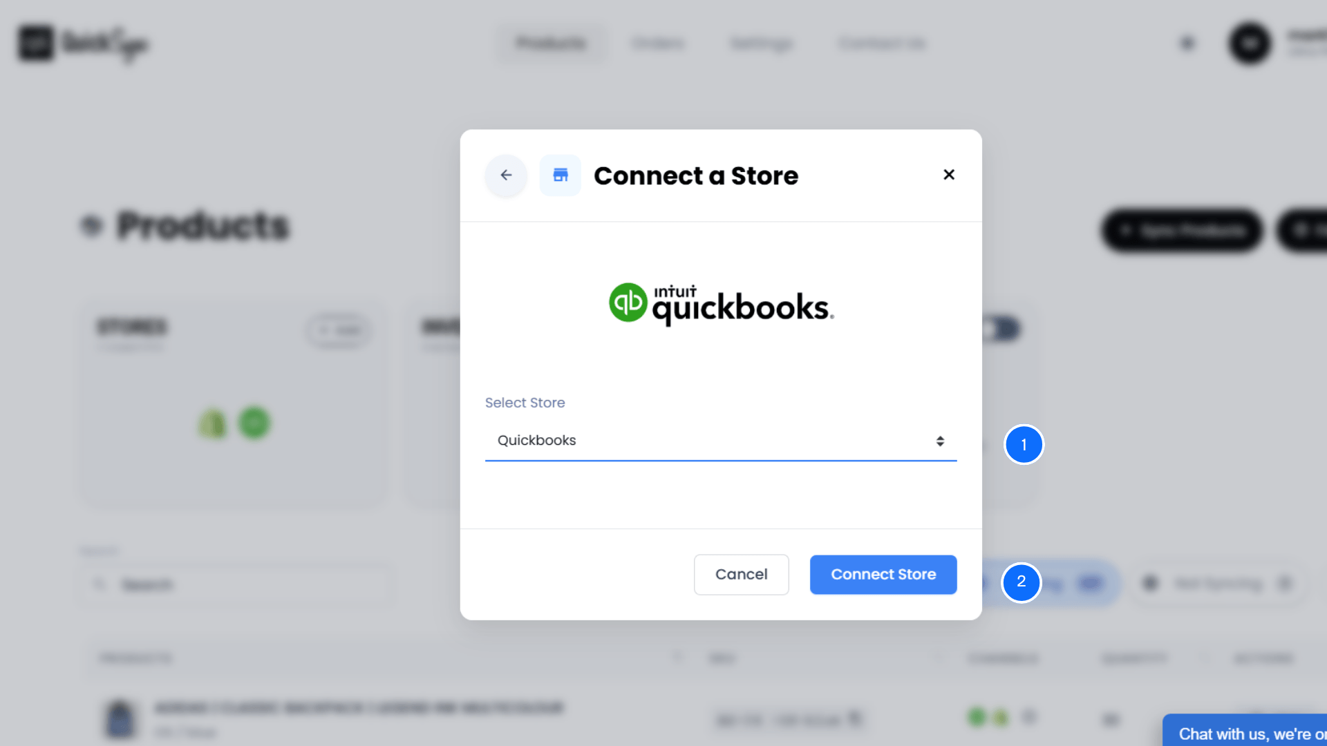 QuickSync connect a store dialog with QuickBooks selected