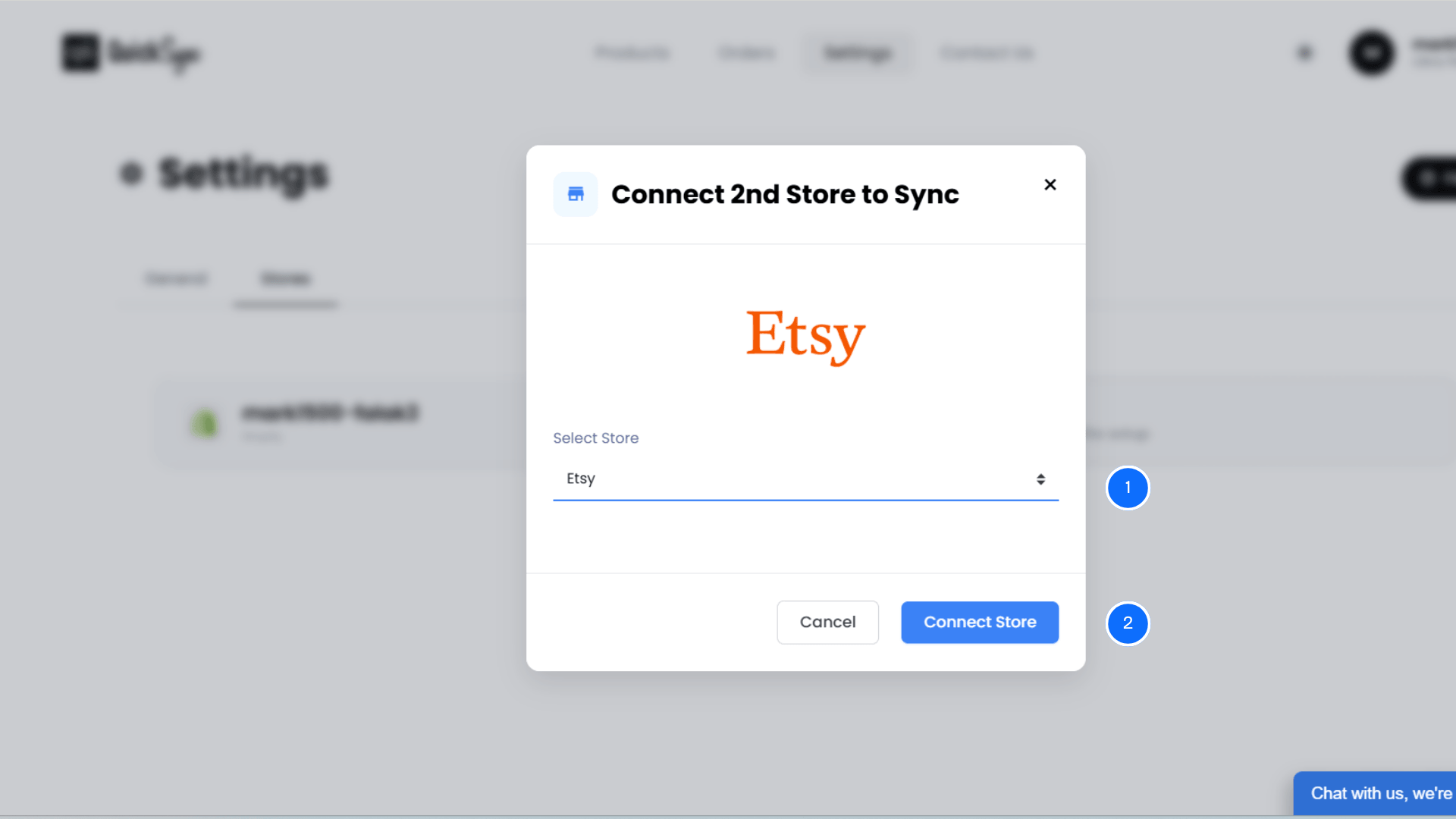 QuickSync connect second store dialog with Etsy selected