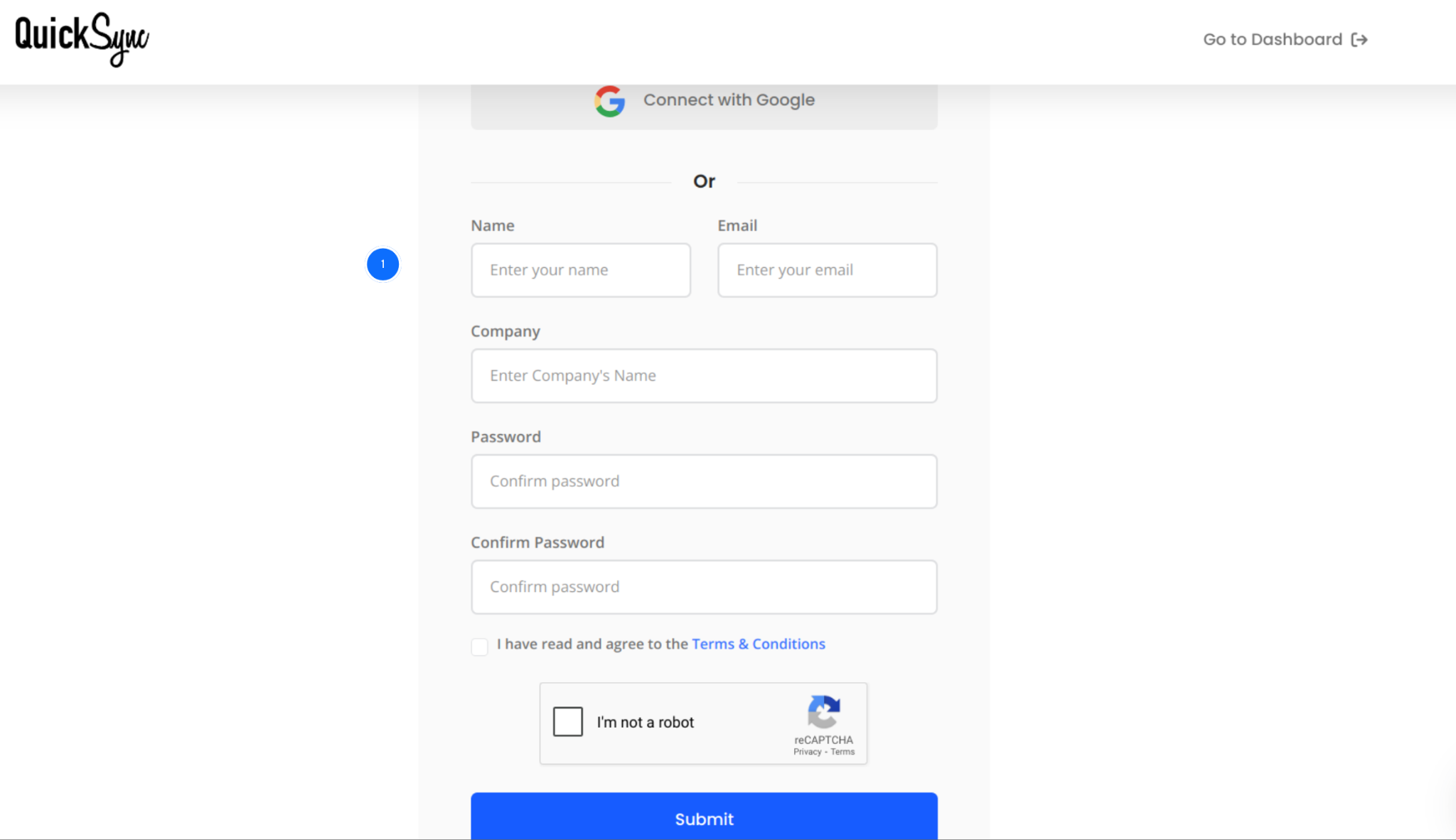 QuickSync sign-up form with a Google option and name, email, company and password fields
