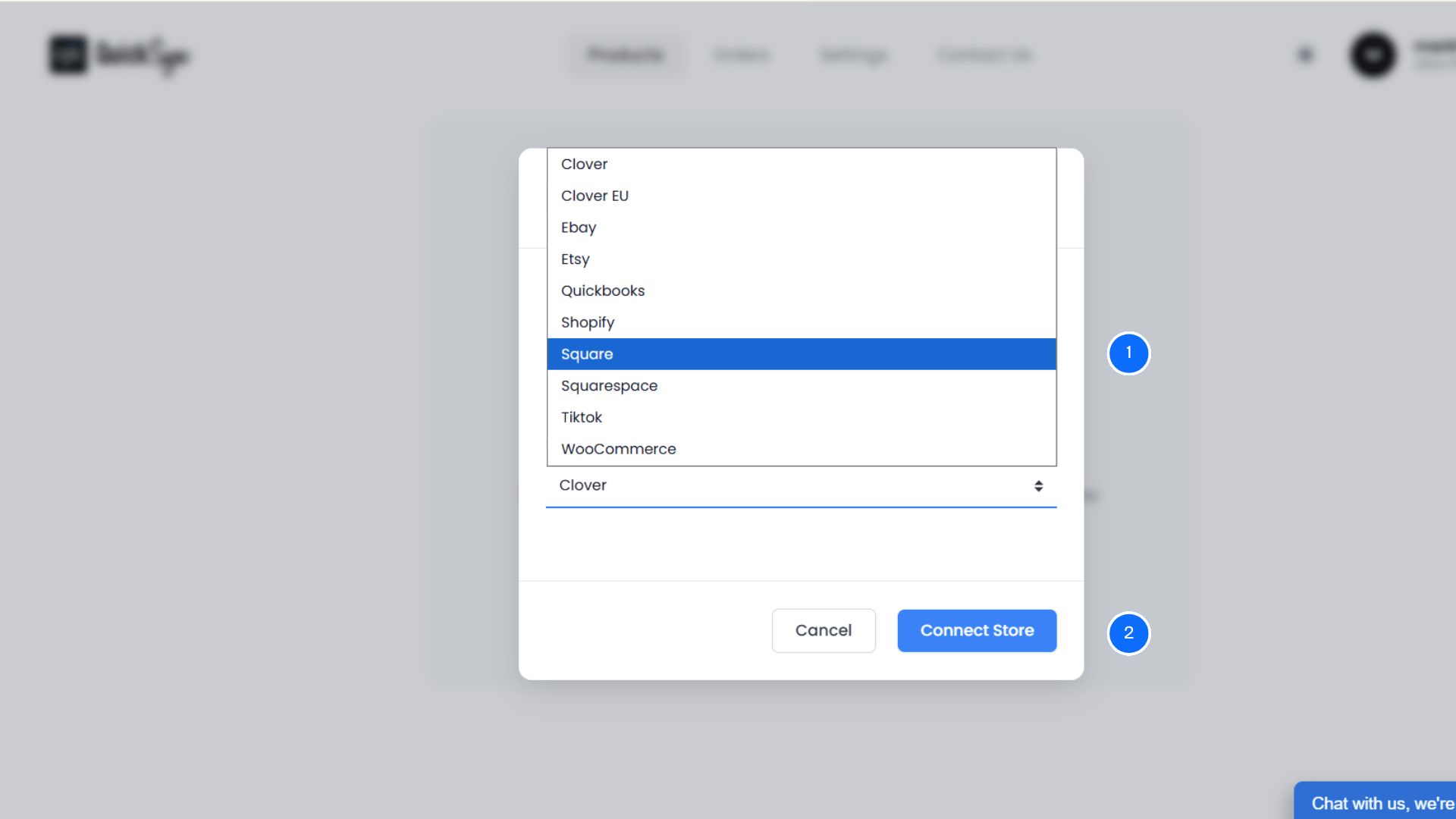QuickSync connect a store dialog with the platform dropdown open and Square highlighted