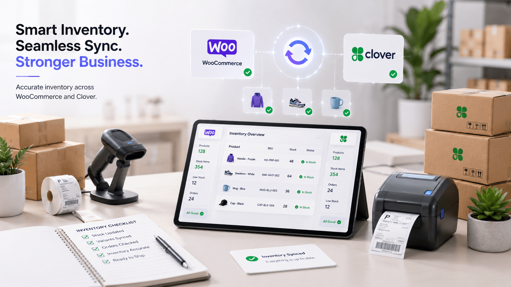 WooCommerce and Clover inventory on a tablet beside a barcode scanner and parcels