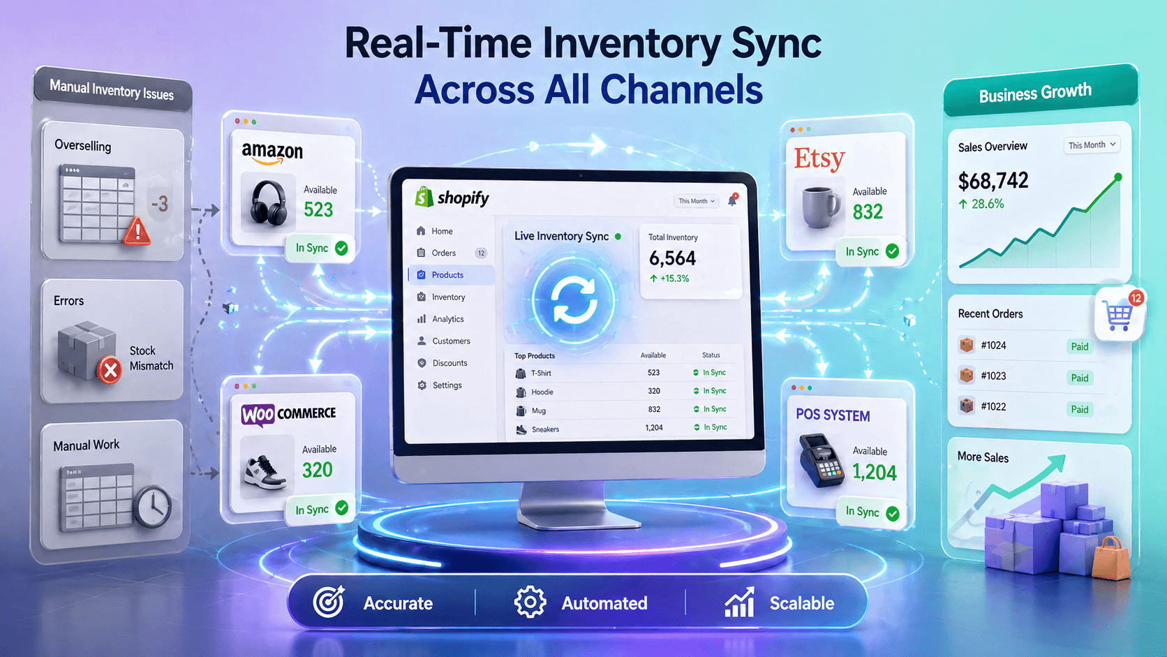 Inventory syncing across Shopify, Amazon, Etsy and a point-of-sale system
