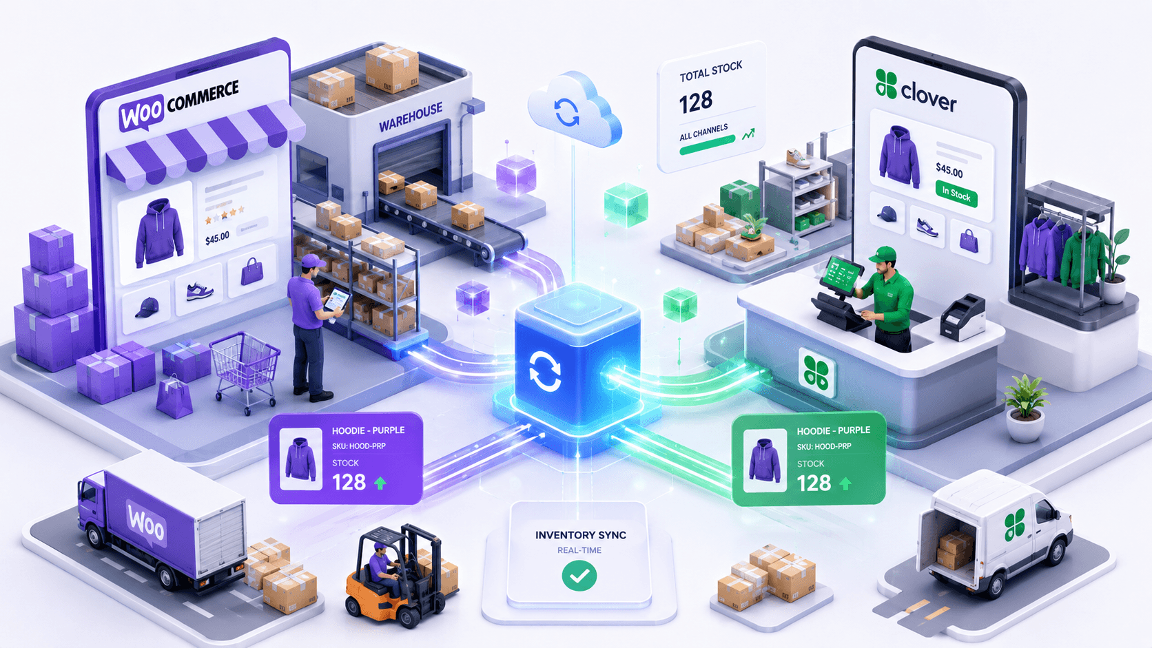 Isometric illustration of WooCommerce and Clover POS sharing one synced stock count