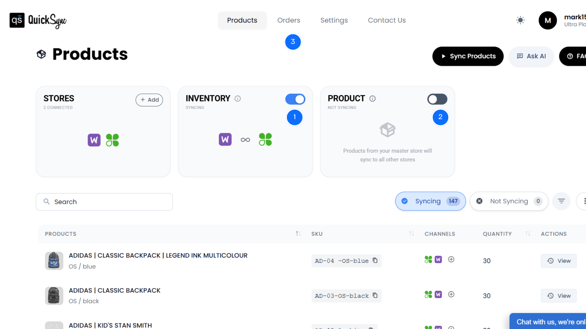 QuickSync products dashboard with Adidas backpack listings and syncing toggles on