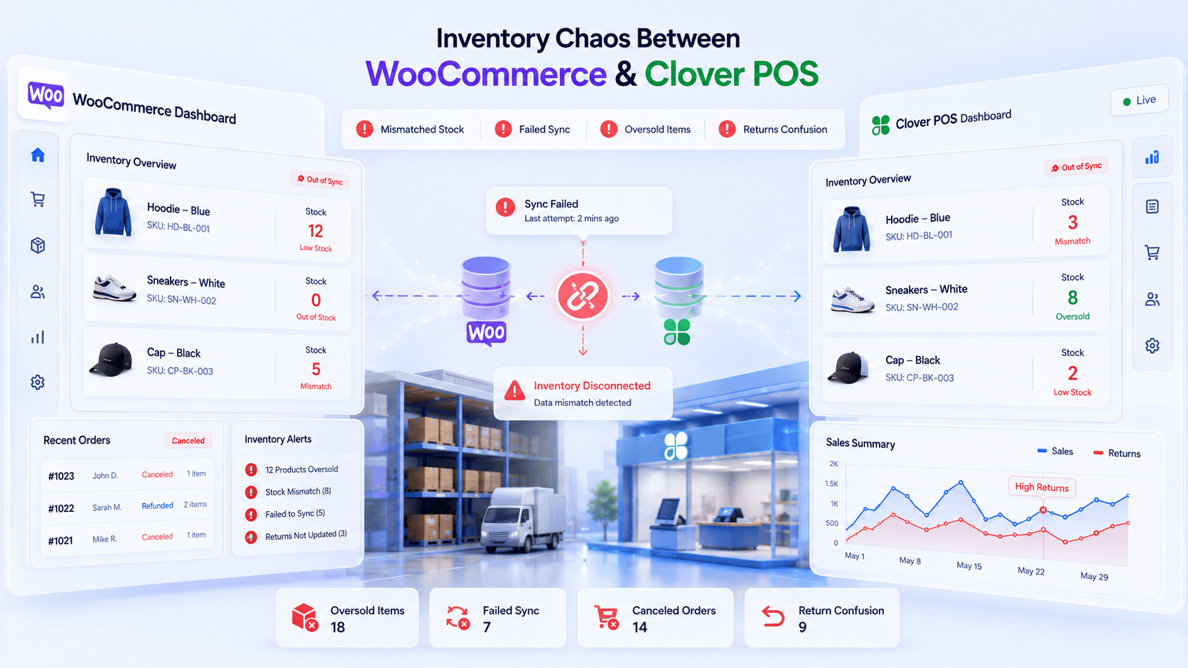 Inventory chaos between WooCommerce and Clover POS, with mismatched stock counts