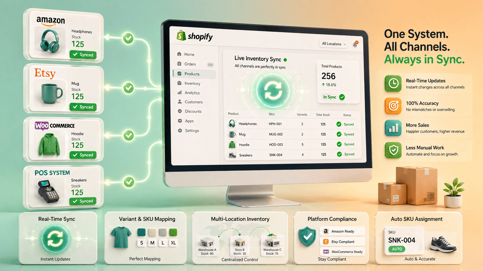 Amazon, Etsy, WooCommerce and a POS system kept in sync with one Shopify inventory