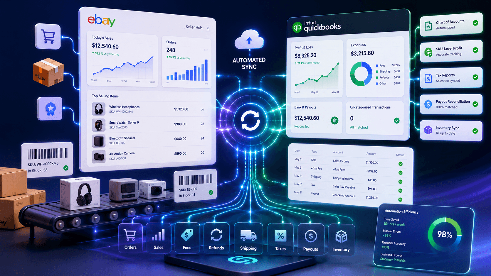 eBay and QuickBooks connected by automated syncing, with sales and accounting dashboards