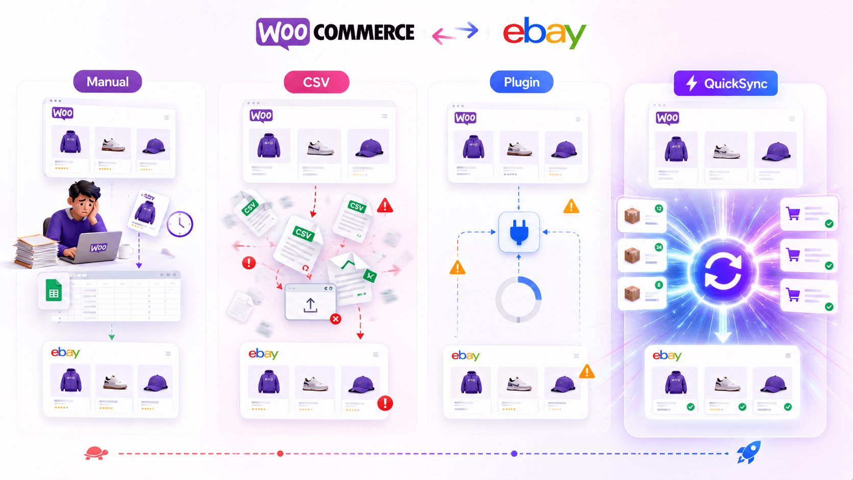 Four approaches to WooCommerce and eBay syncing: manual, CSV, a plugin, or QuickSync