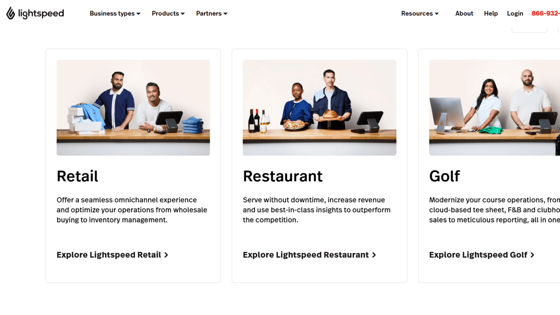 Lightspeed industry pages for retail, restaurant and golf businesses