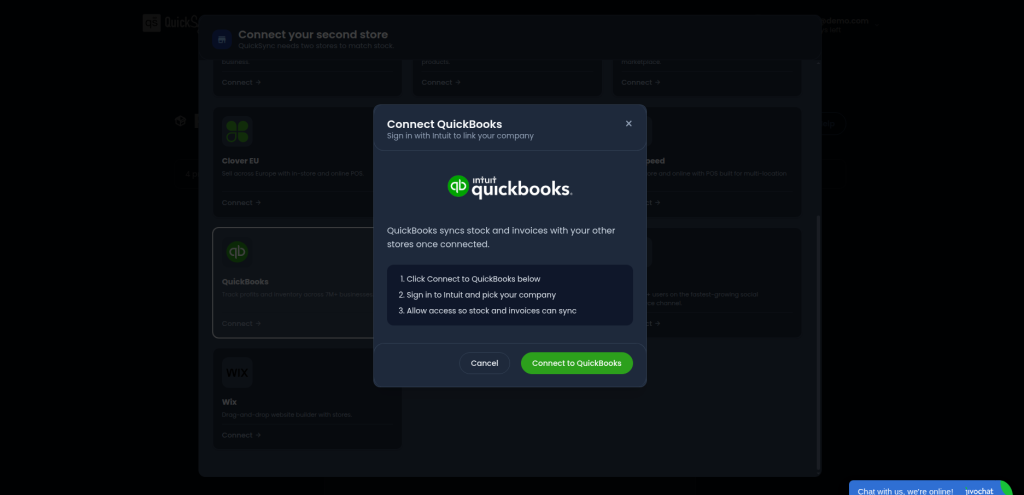 The Connect QuickBooks step in QuickSync, ready to sign in to Intuit and pick a company
