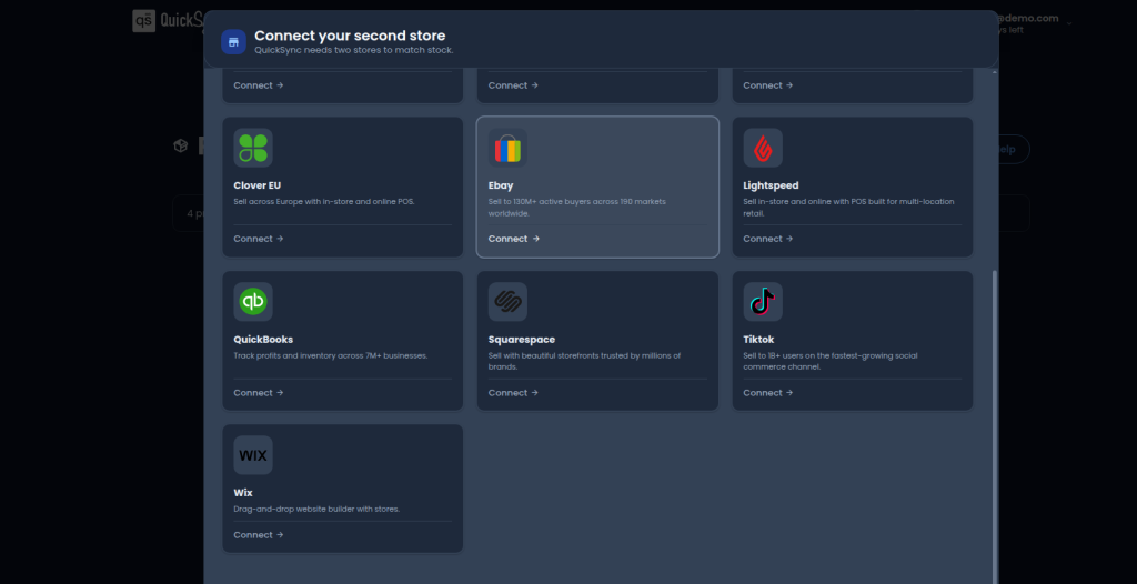 QuickSync's Connect your second store screen with tiles for eBay, QuickBooks, Lightspeed and other channels
