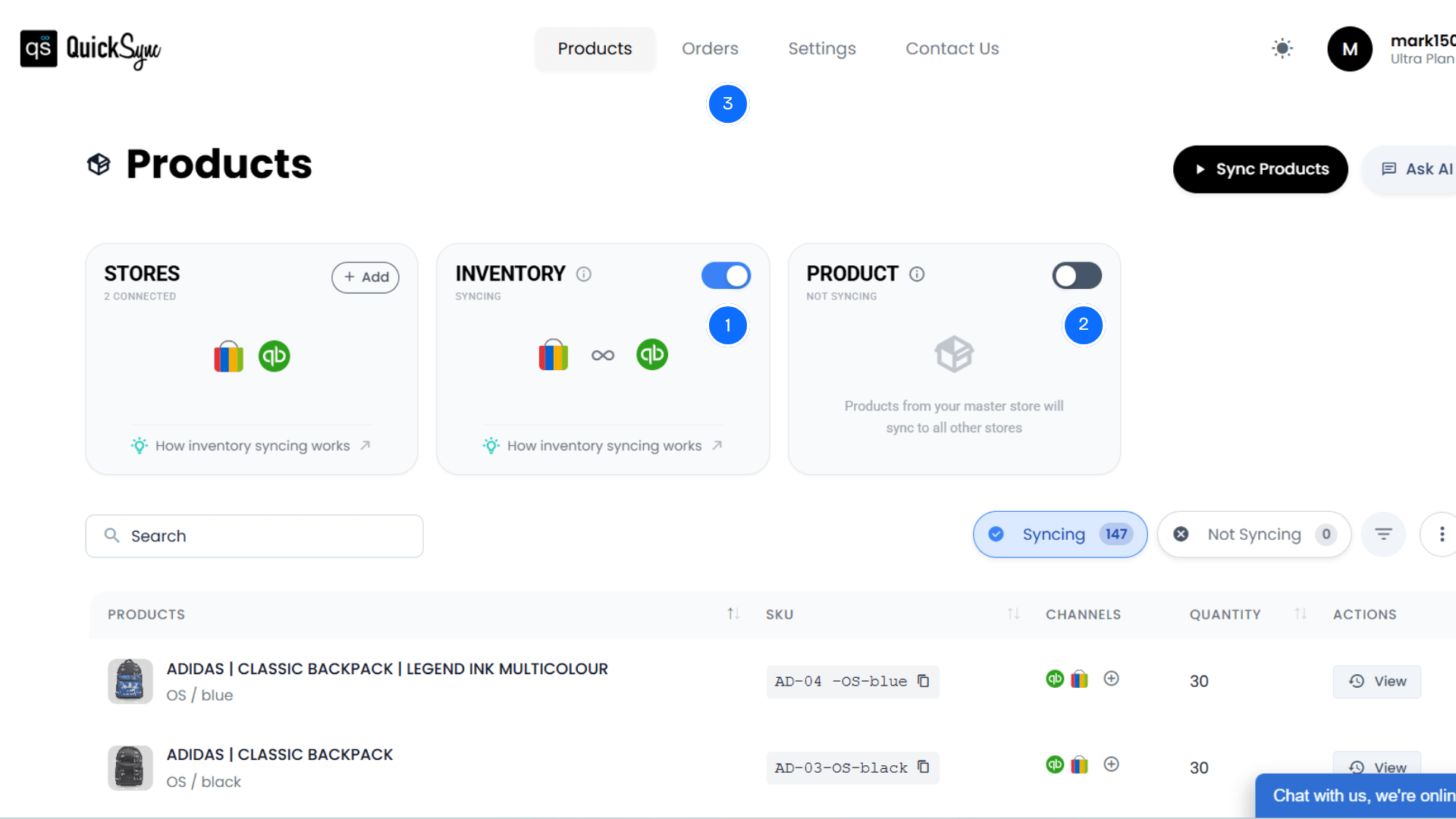 QuickSync products dashboard with Adidas backpack listings and inventory syncing on