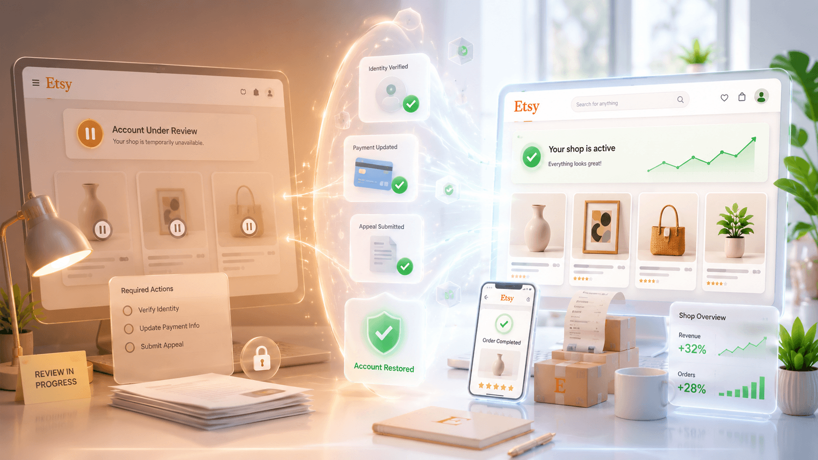 Etsy shop under review on a tablet beside a phone showing shop performance