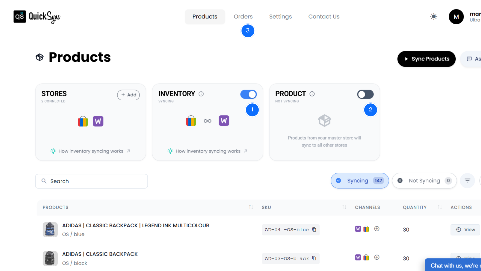 QuickSync products dashboard with stores connected and inventory syncing on