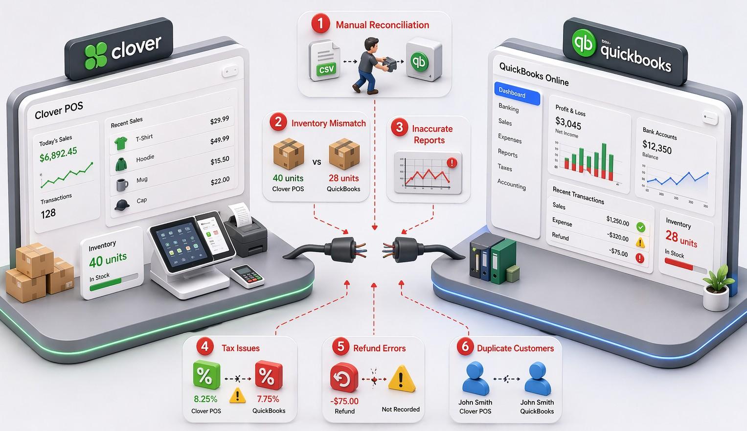 Clover POS and QuickBooks compared, showing manual reconciliation and stock mismatches