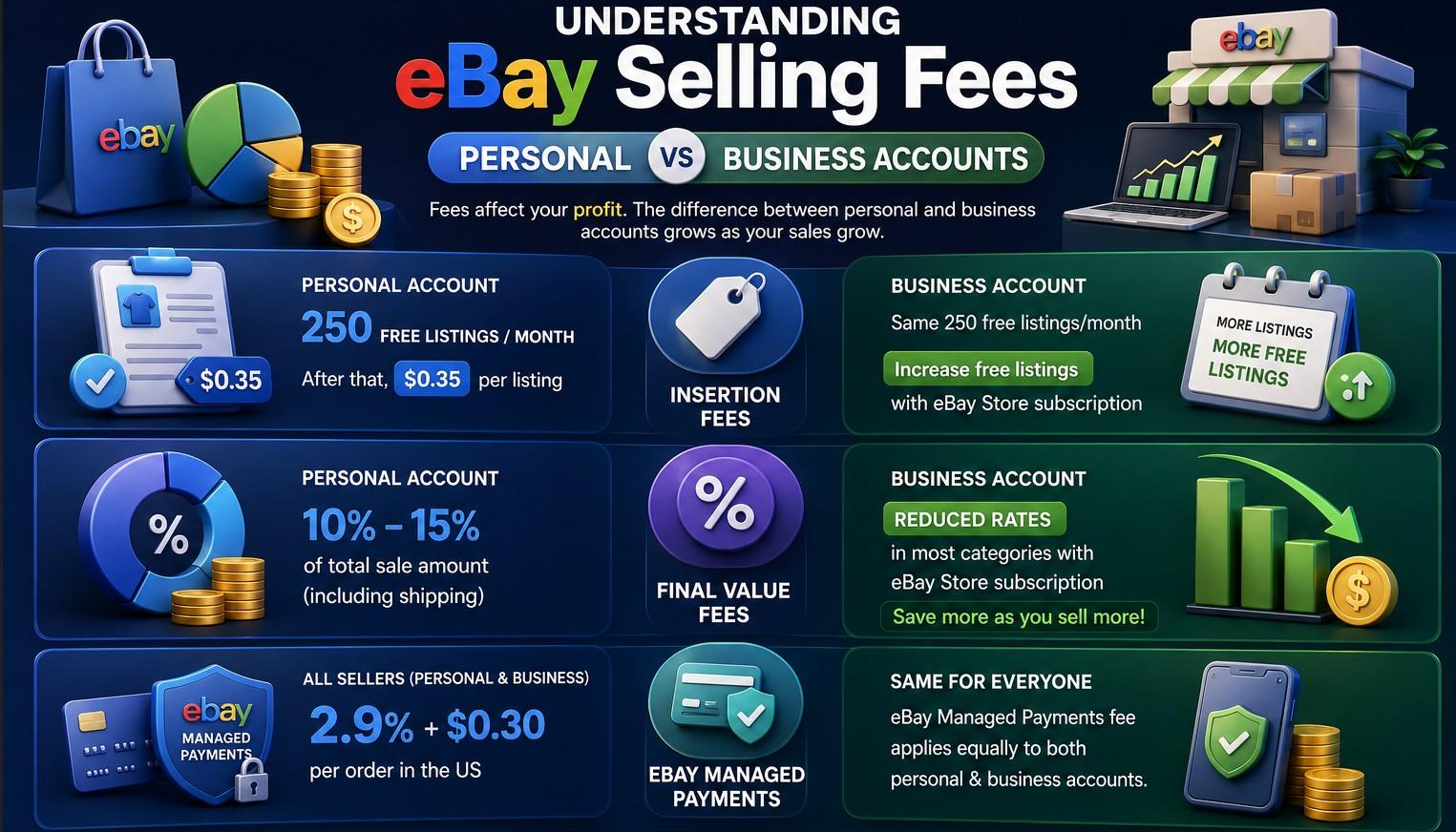 eBay fees compared for personal and business accounts: insertion fees, final value fees and managed payment rates