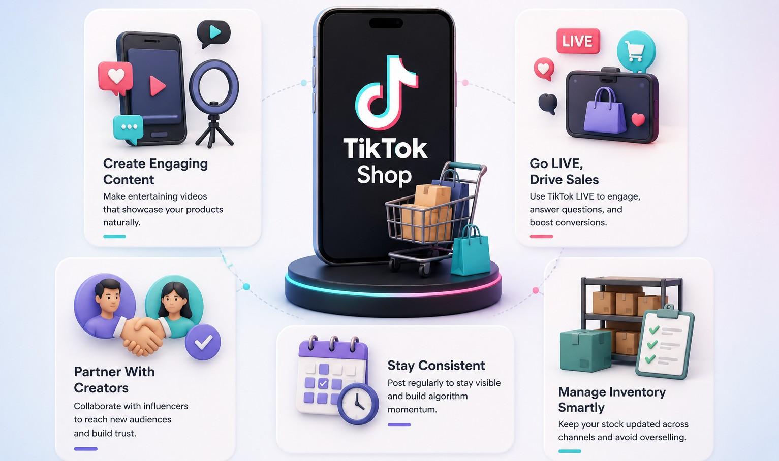 Five TikTok Shop tips: create content, go live, partner with creators, post consistently, manage inventory