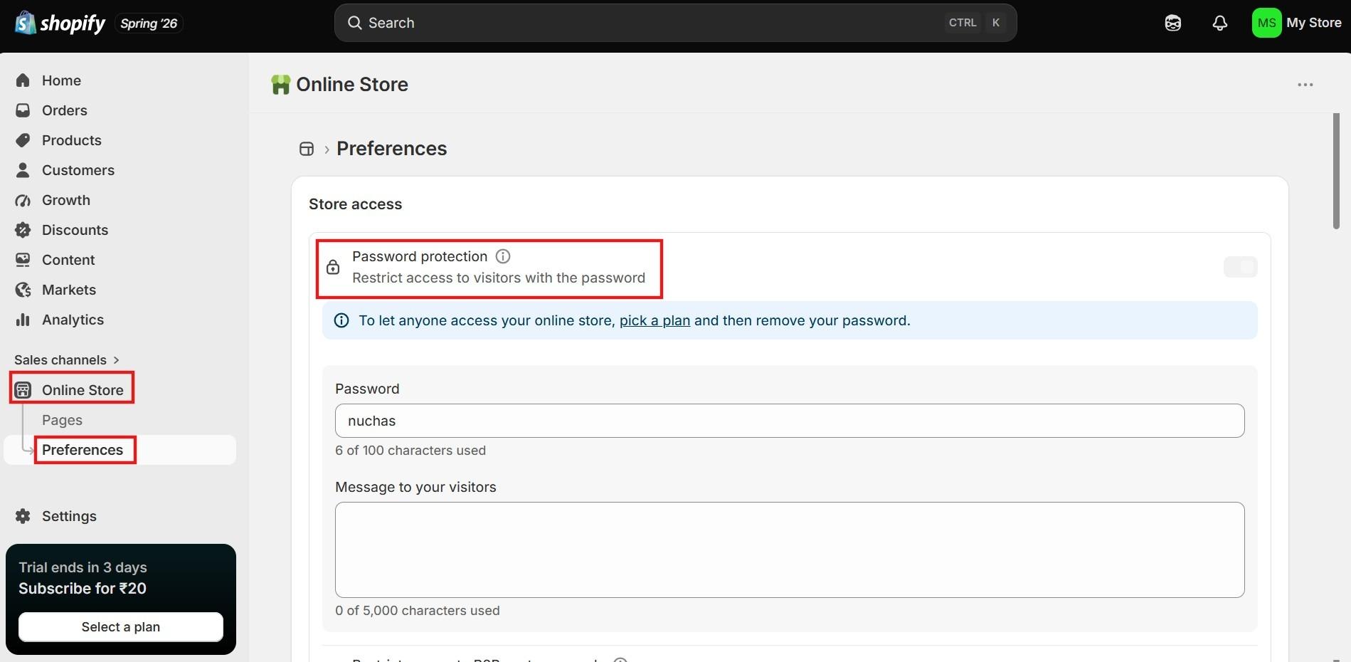 Shopify online store preferences with the password protection setting highlighted