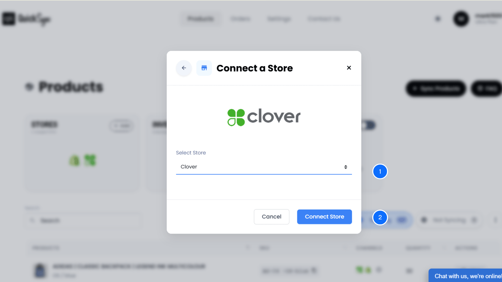 QuickSync connect a store dialog with Clover selected
