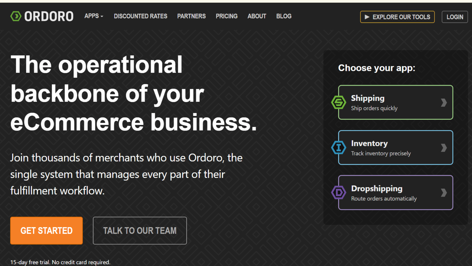 Ordoro homepage offering shipping, inventory and dropshipping apps for sellers