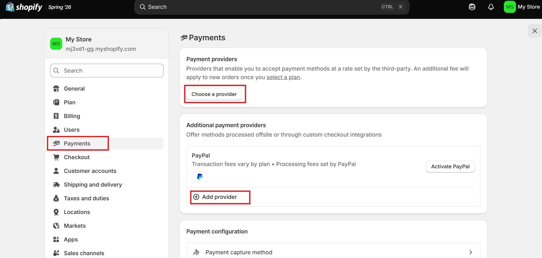 Shopify payment settings with the Choose a provider and Add provider options highlighted
