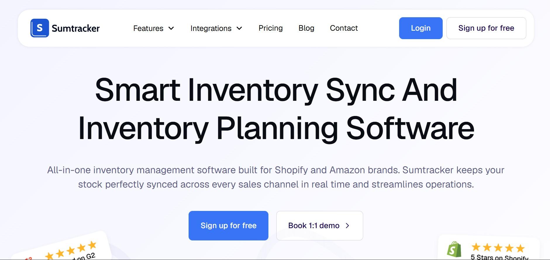 Sumtracker homepage: inventory sync and planning software for Shopify and Amazon brands