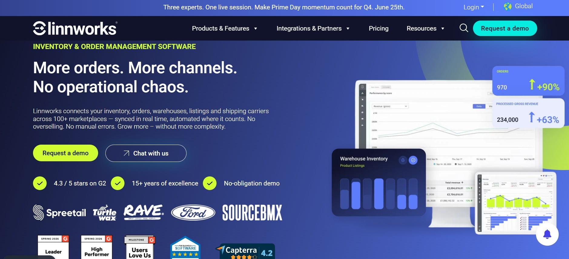Linnworks homepage: more orders, more channels, no operational chaos, with dashboards