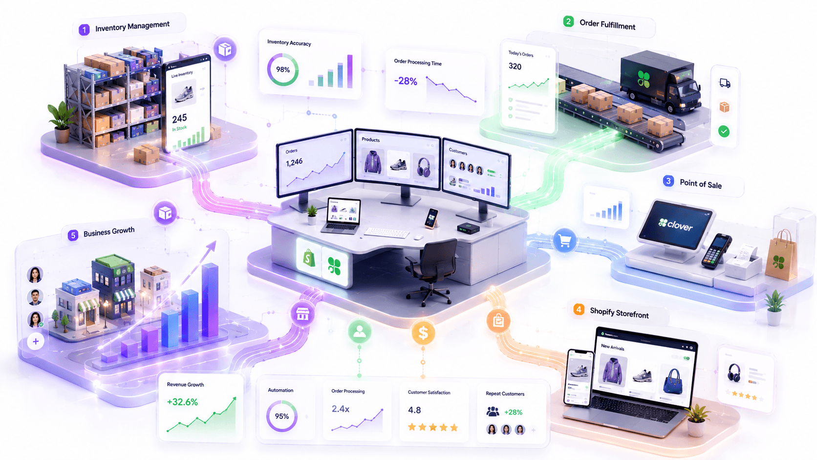 Isometric illustration of inventory dashboards, warehouse shelving and POS terminals