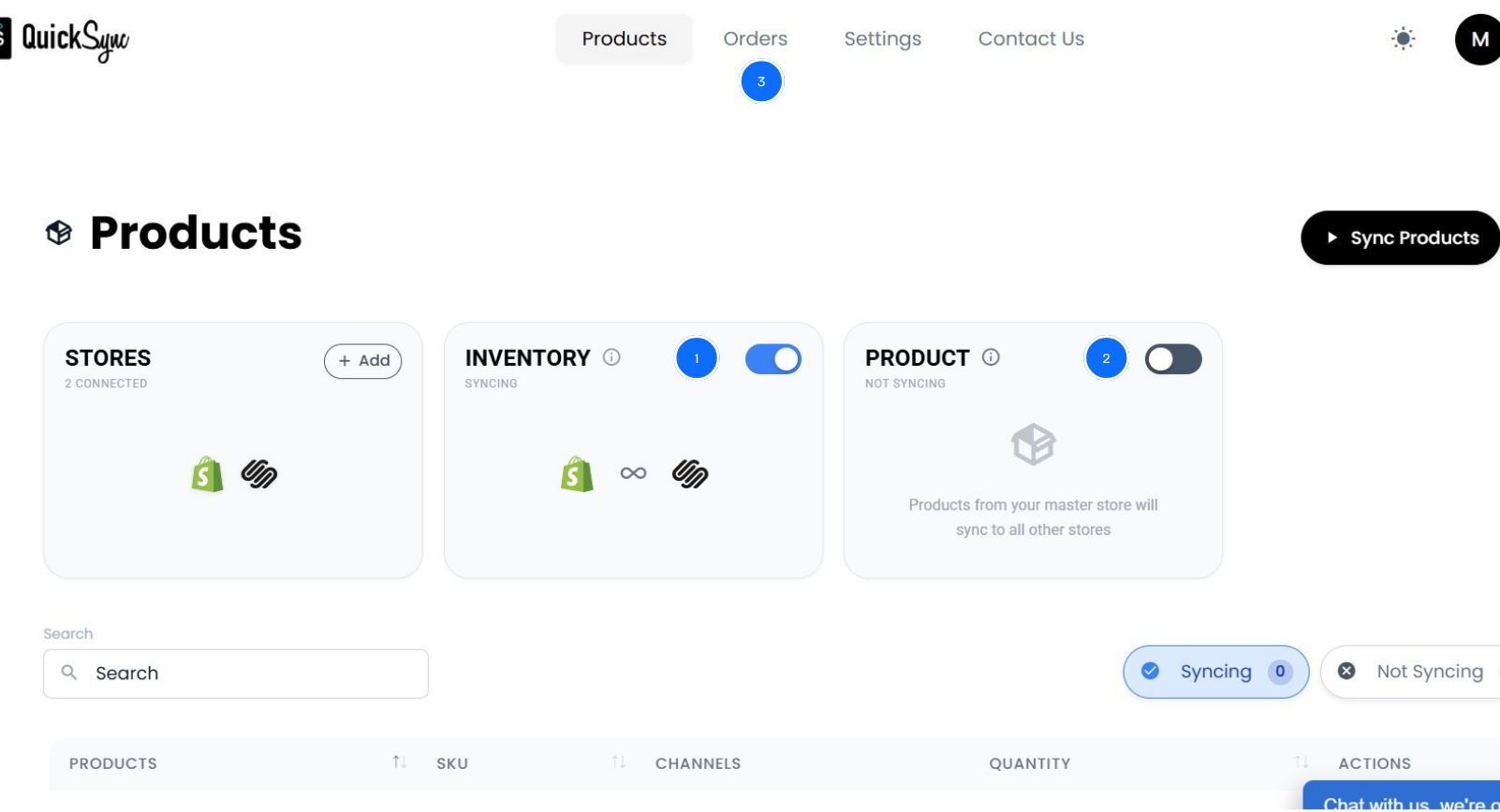 QuickSync products dashboard with Shopify and Squarespace connected and syncing on