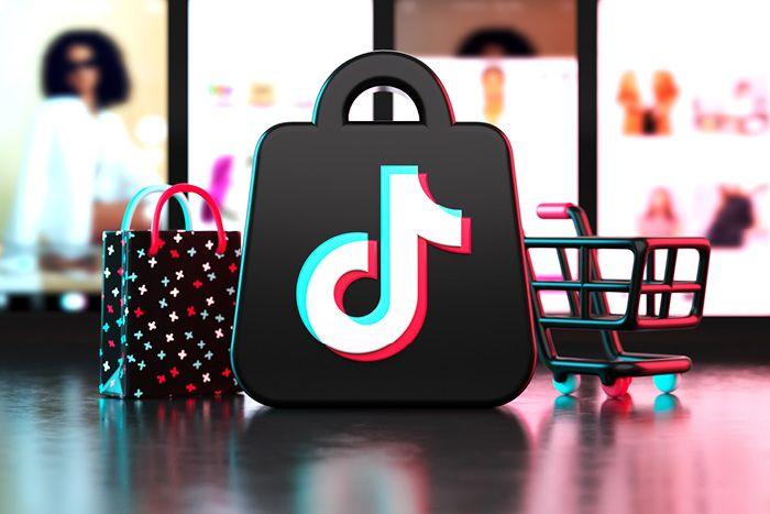 TikTok Shop bag icon with shopping bags and a trolley in front of live shopping screens