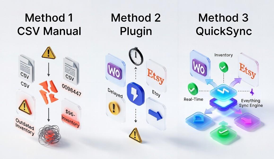 Three ways to sync WooCommerce and Etsy: manual CSV, a plugin, or QuickSync