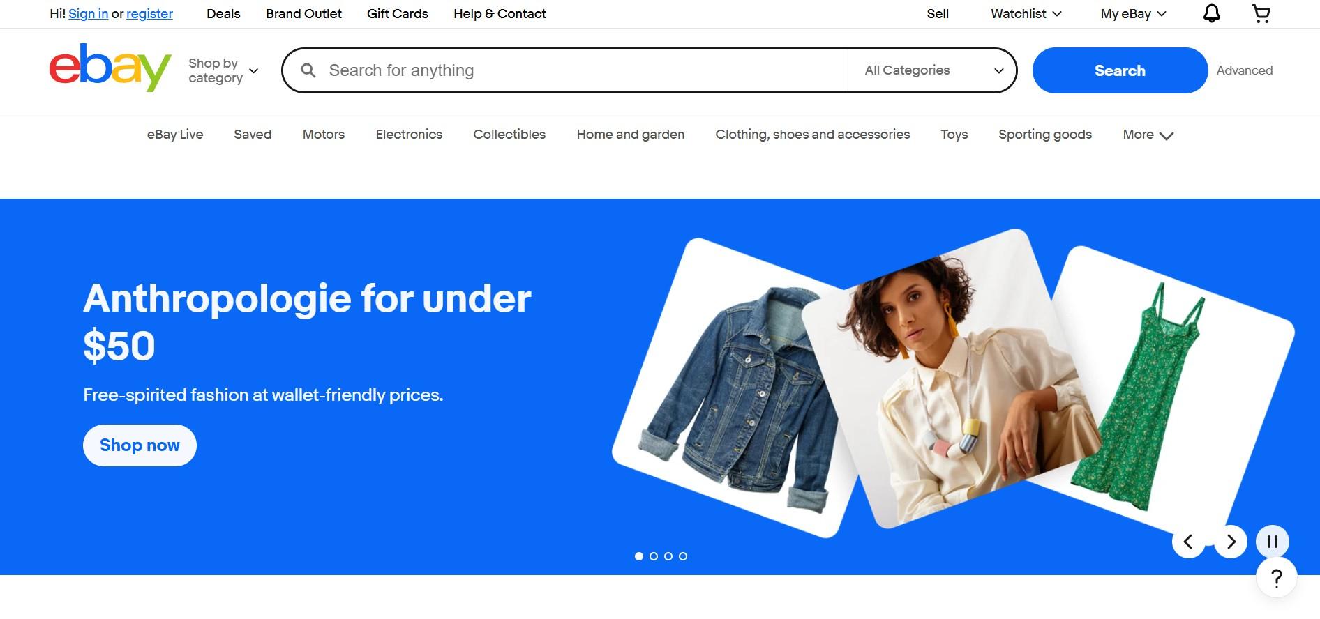 eBay homepage with an Anthropologie clothing promotion banner