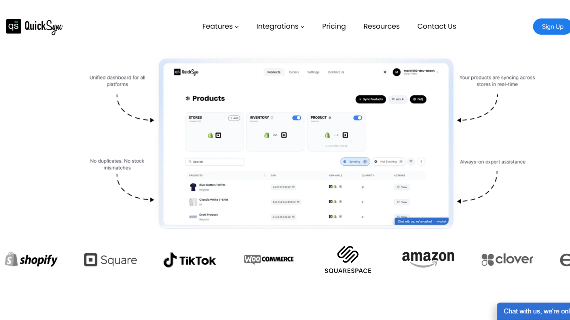 QuickSync homepage showing the products dashboard above supported platform logos