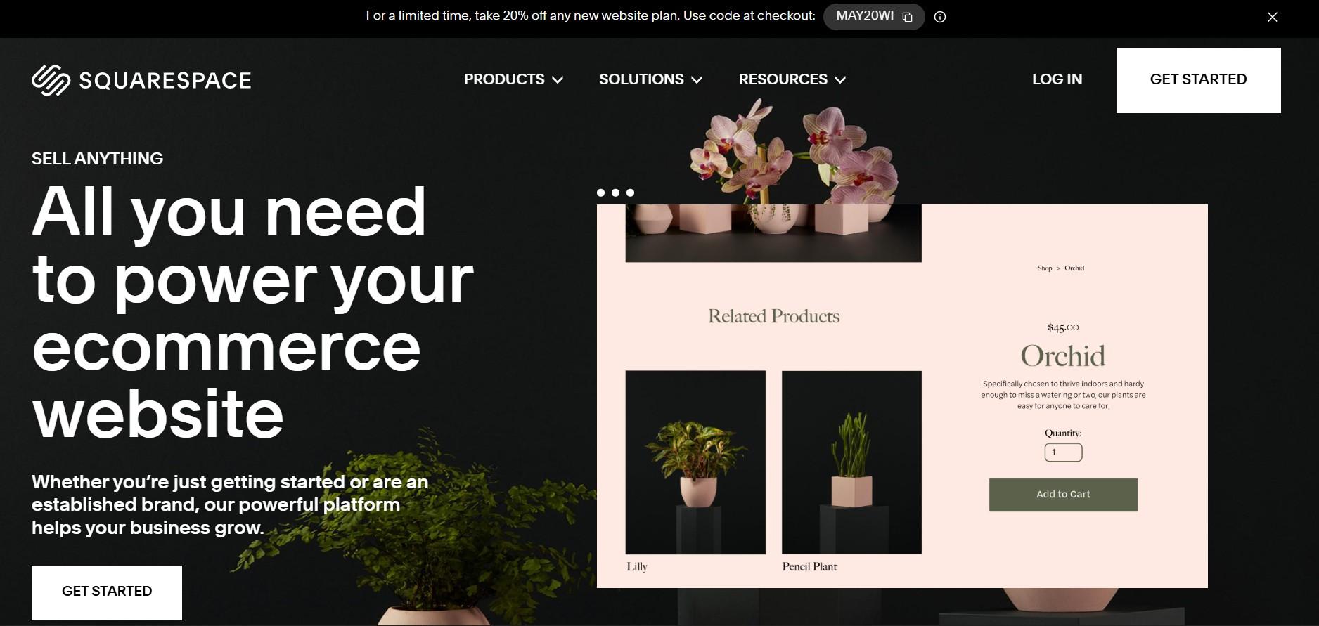 Squarespace homepage: all you need to power your ecommerce website, with a plant shop