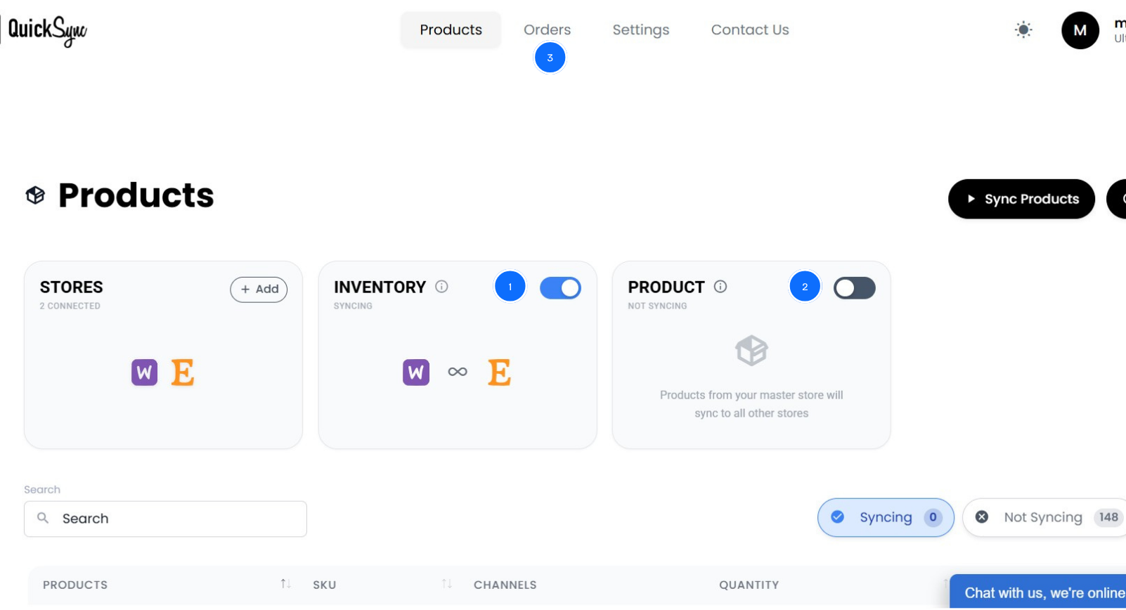 QuickSync products dashboard with WooCommerce and Etsy connected and syncing on